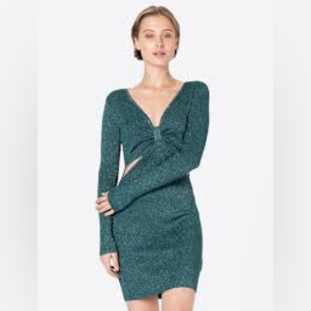 Abercrombie & Fitch Knot Front Cut Out Glitter Long Sleeve Dress Teal Size Small
